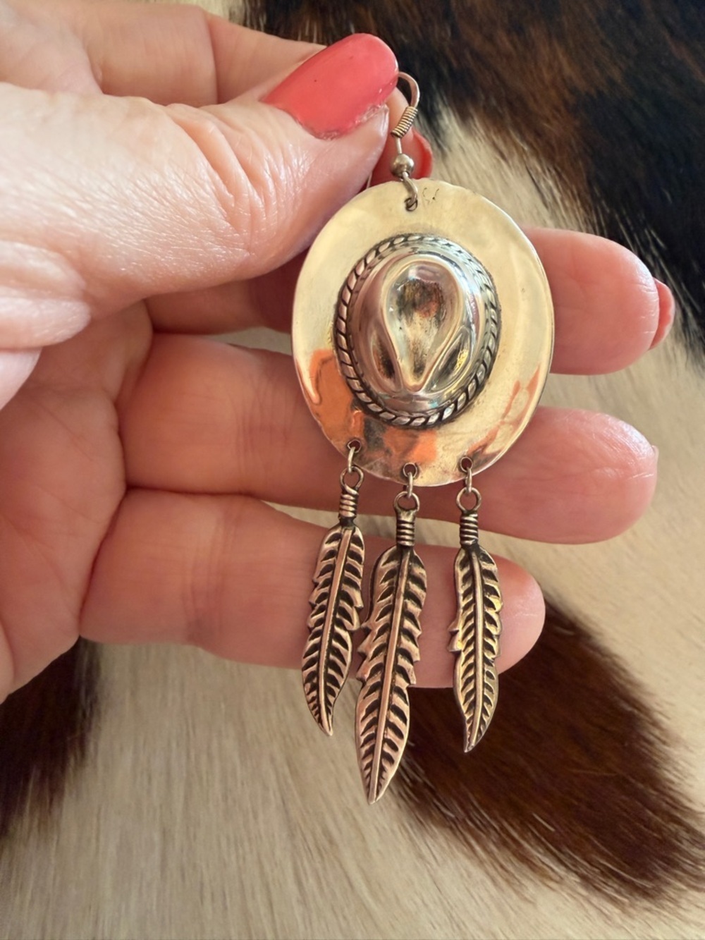 ❤️ Signed “PAJ” Vintage Sterling Silver 9.2G Cowboy Hat w Feather Dangles 3.12”L - Picture 12 of 17